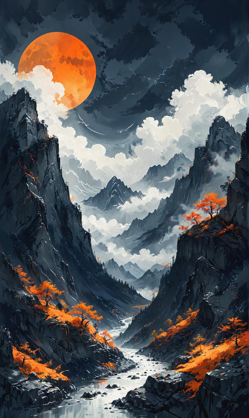 03835-4202270696-Mountains, in the style of dark silver and orange, clouds, cartoonish innocence, slumped_draped, made of emotions, light white a.png